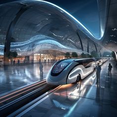 a futuristic train station with people waiting for it to come on the tracks at night