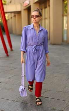 How Petites Can Style Colored Jeans & Pants To Look Taller Purple Fashion Outfit, Dress Over Jeans