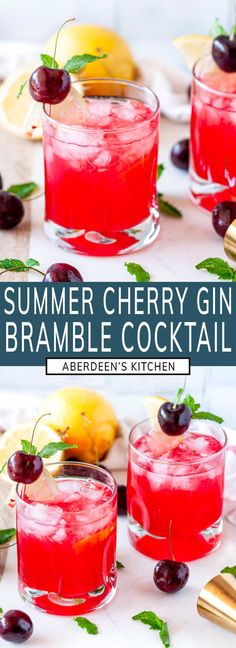 summer cherry gin bramble cocktail with lemons and cherries