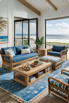 a living room filled with furniture next to an ocean view