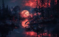 an image of a full moon in the night sky over a lake with trees and bushes