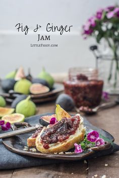 figs and ginger jam on toasted bread with fresh figs in the background