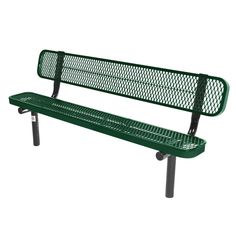 a green park bench sitting on top of a metal frame structure with meshwork over the back