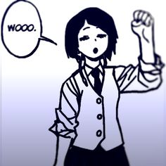 a drawing of a woman with her hand up in the air and an empty speech bubble above her head