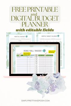 the free printable and digital budget planner with editible fields is shown on a computer screen