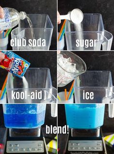 four pictures showing how to make blue liquid in a blender, including sugar and kool aid