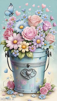 a bucket filled with lots of flowers on top of a blue ground next to a butterfly