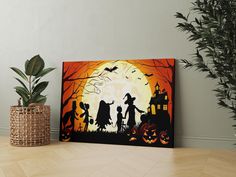 a painting of halloween scene with pumpkins and witches