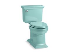 a blue toilet sitting on top of a white floor