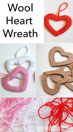 the instructions for how to make wool heart wreaths