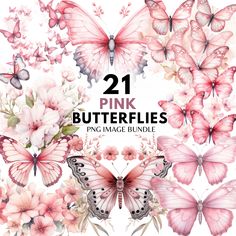 pink butterflies and flowers with the text, 21 pink butterflies png image bundle