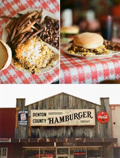 two pictures with different foods in them and one has a hamburger on the plate next to it