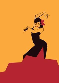 a woman in a black dress sitting on top of a red step with her arms outstretched