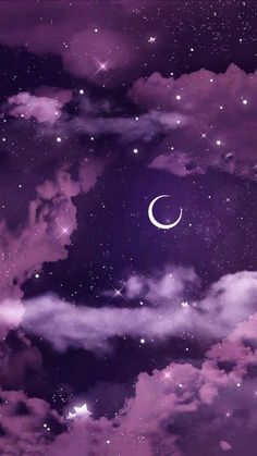 the night sky is filled with stars, clouds and a crescent in the middle of it