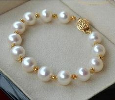 Great shopping ideas for BEAUTIFUL 7.5 -8 AAA+ 9-8 MM SOUTH SEA GENUINE WHITE PEARL BRACELET 14K CLASP, Jewelry & Watches Pearl Bracelet Gold, White Pearl Bracelet, Pearl Necklace Designs, Pola Sulam, Beads Bracelet Design, Bead Jewellery, Bijoux Diy, Pearl Size, White Pearl