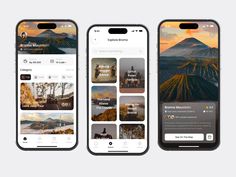 three iphone screens showing the different images on each screen, one with an image of mountains and