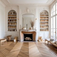 a living room filled with furniture and a fire place in front of a book shelf