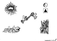 an ink drawing of the sun, moon and other things that appear to be floating in water