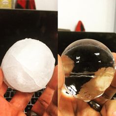 two pictures of someone holding a crystal ball in their left hand and on the right