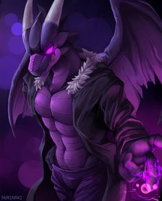 an image of a demonic creature with purple eyes and large, black wings on his body