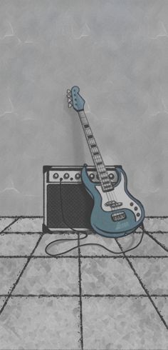 a drawing of a guitar and amp on the floor