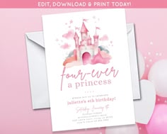 a pink princess castle birthday party with balloons and confetti in the air, on top of a white envelope