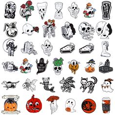 various halloween stickers are shown on a white background, including pumpkins and skulls