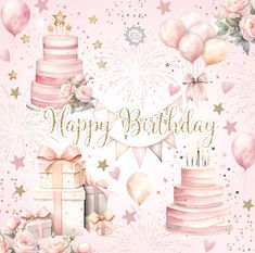 a pink birthday card with balloons, cake and presents