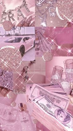 pink collage with money, perfume bottles and other items in the background - stock photo