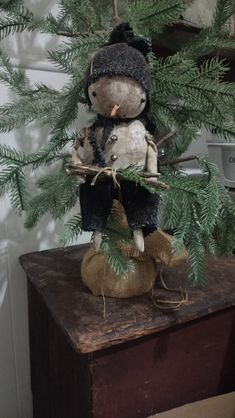 a teddy bear sitting on top of a piece of wood next to a pine tree