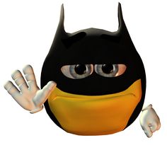 a black and yellow ball with horns on it's head is making a hand gesture