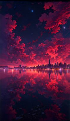 the sky is filled with red clouds and reflecting in the water at night, as well as stars