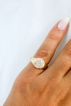 Such a fun addition to any stack! I love this ring specifically as a pinky ring, but have also seen it worn any way and it's stunning. This ring comes insolid 14K Yellow, White, and Rose Gold. This design is handmade, so please allow up to 6 weeks for delivery. Vs Clarity Round Band Signet Ring For Wedding, 14k Stamped Initial Ring For Promise, Diamond Stackable Signet Ring For Anniversary, 14k Gold Signet Ring With Vs Clarity For Everyday, 14k Gold Signet Ring For Everyday, Anniversary Diamond Stackable Signet Ring, Luxury Stackable Signet Ring For Promise, Wedding Signet Ring Stamped 14k With Cubic Zirconia, Everyday Round Band Signet Ring With Vs Clarity