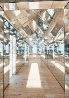 an empty room with mirrored walls and wooden floors