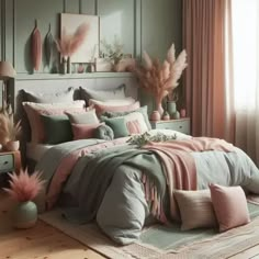 a bedroom with green walls, pink and grey bedding and pillows on the floor