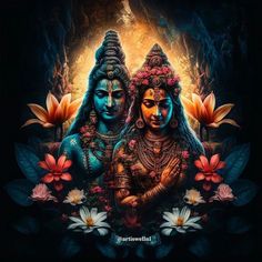 two deities standing next to each other with flowers in front of them on a black background