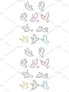 colorful doves flying in the sky with their wings spread out to form a pattern