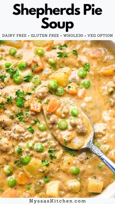 a bowl of shepherd's pie soup with peas and potatoes