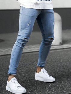 Men's Casual Distressed Skinny Jeans For Street Wear, Autumn Medium Wash    Denim Plain Skinny Slight Stretch  Men Clothing, size features are:Bust: ,Length: ,Sleeve Length: Basket Sport, Grey Colour Suit, Fleece Tights, Men's Muscle, Womens Tights, Jeans Men, Clothing Styles, Inspiration Mode, Washed Jeans