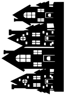 a black and white image of some buildings with windows on each side, in the shape of an upside down house