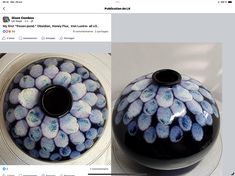 two photos of a black and white vase with blue speckles on the bottom