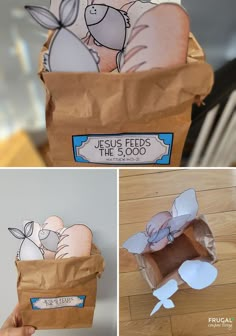 the paper bag is filled with jesus feeds the 3, 000 pigs and has been cut out to look like it's inside