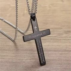 Brand New Fashion Black Tone Cross With Philippians 4:13, Silver Tone Chain Measures Approx 22” L, Lobster Clasp Closure. Unisex Philippians 4 13, Philippians 4, Fashion Black, Womens Jewelry Necklace, Lobster Clasp, Black Silver, Black Fashion, New Fashion, Silver Tone