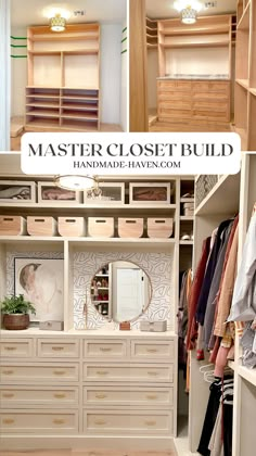 an organized closet with drawers and clothes hanging on the wall, and two pictures showing how to