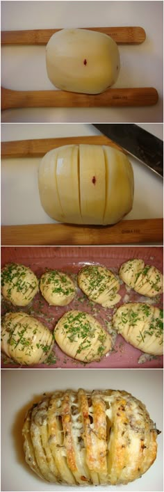 four different pictures showing the process of making breads and pastries with cheese on them