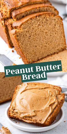 sliced loaf of peanut butter bread on top of a white plate next to slices of bread