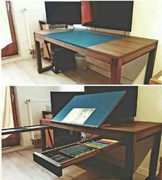 there is a computer desk with an open drawer underneath it and the bottom one has a laptop on it