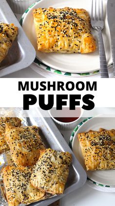 there are three plates with different types of puffs on them and the words mushroom puffs above it