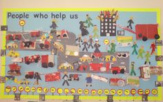 a bulletin board with people who help us on it and pictures of trucks, firetrucks, and cars