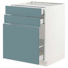 a white and blue cabinet with two drawers on the bottom, in front of a white background